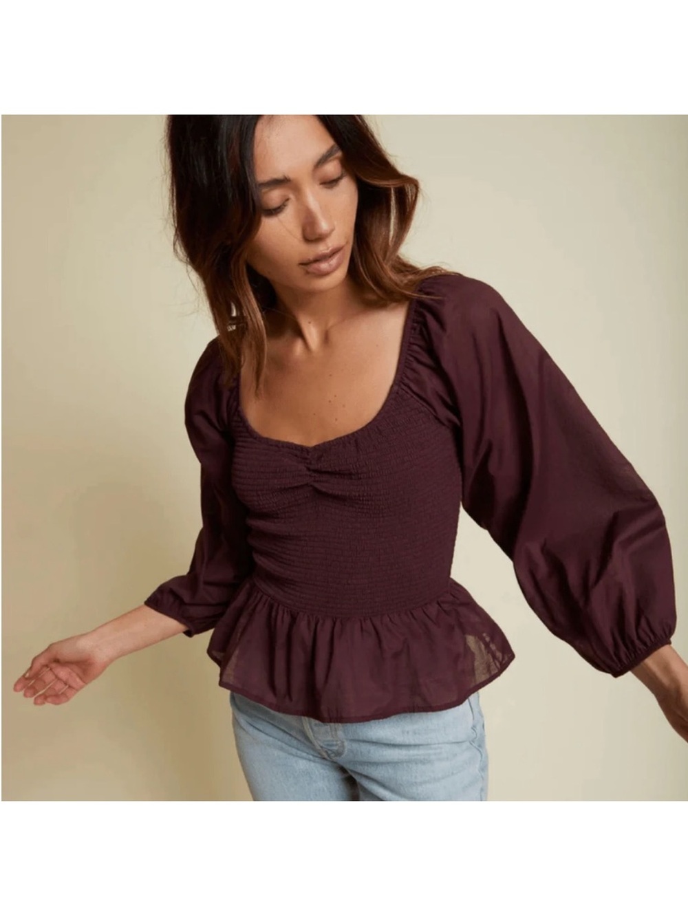 Nation LTD tiana peplum shirred puff sleeve top garnet